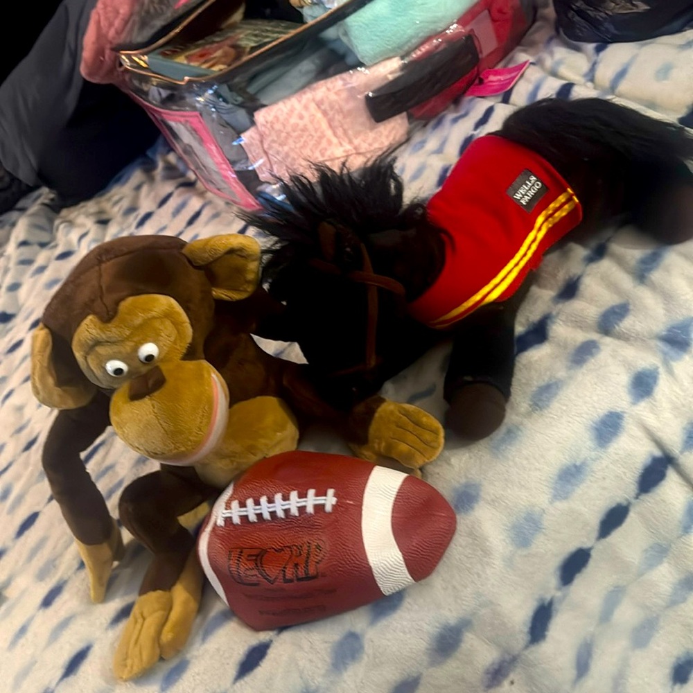 Madagascar monkey, Wells Fargo horse &football